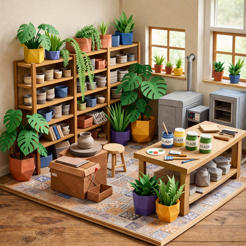 Miniature pottery studio with shelves of bowls and cups, plants, pottery wheel, glaze jars, kiln, and worktable